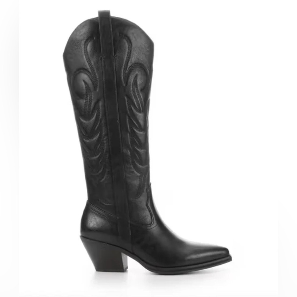 Women's Black Pointed-Toe Western Knee-High Heeled Boots